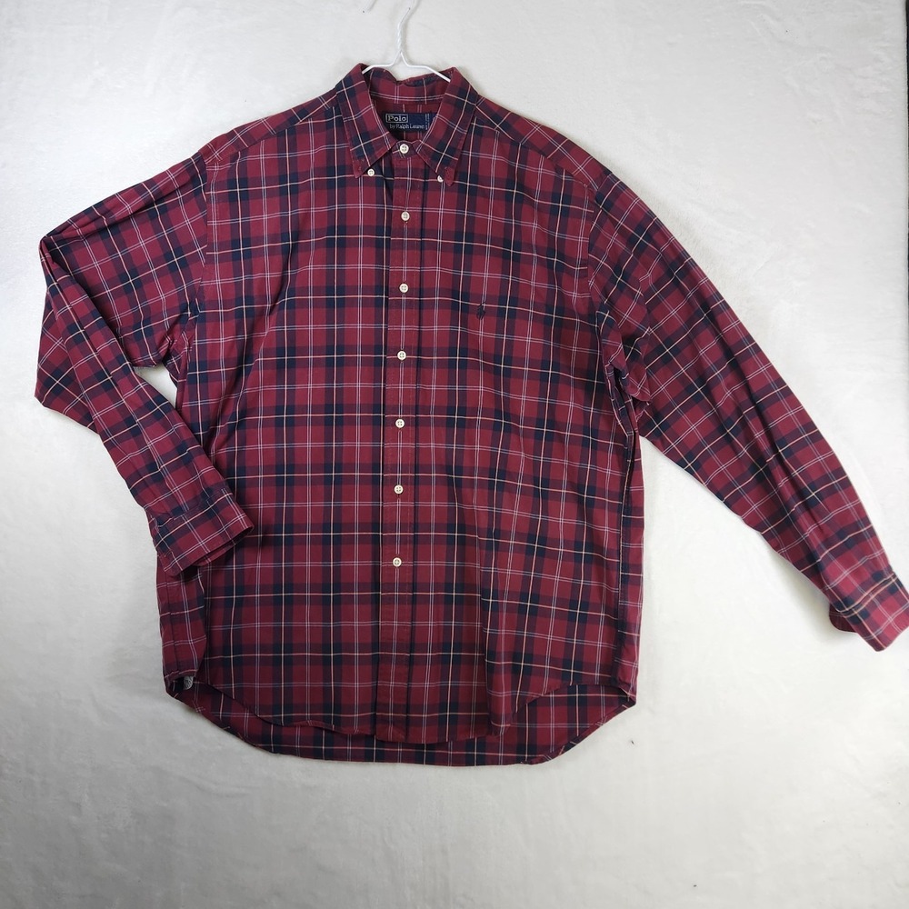Polo Ralph Lauren Plaid Button Down Shirt Red Navy Long Sleeve Mens L Canada